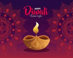 feliz diwali diya vela com mandalas em desenho vetorial de fundo vermelho vetor