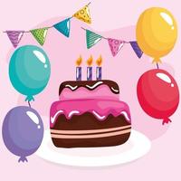 doce celebração de aniversário de bolo com guirlandas e balões de hélio vetor