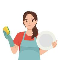 jovem mulher vestindo avental segurando esfregão lavando pratos. vetor