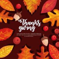 Dia de Ação de Graças, folhas de outono, frutos e bolotas desenho vetorial vetor