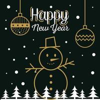 feliz ano novo com esferas de boneco de neve e desenho vetorial de pinheiros vetor
