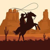 silhueta da figura do cowboy no cavalo laçando na cena da paisagem do pôr do sol vetor
