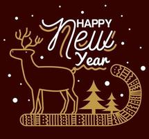 feliz ano novo com renas no desenho vetorial de doces vetor