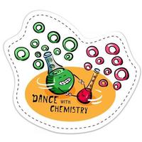 adesivo de vetor com balões químicos dançantes em estilo cartoon