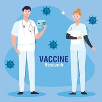pesquisa de vacinas médicas. casal de médicos, profissionais no desenvolvimento da vacina contra o coronavírus covid19 vetor