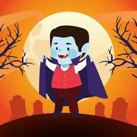 garotinho fofo vestido como um personagem vampiro no cemitério vetor