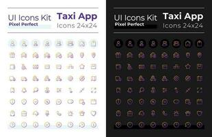 Táxi serviço pixel perfeito gradiente linear ui ícones conjunto para escuro, luz modo. linha contorno do utilizador interface símbolos. vetor isolado esboço ilustrações