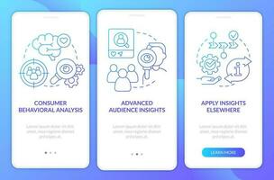 clientes comportamento análise azul gradiente onboarding Móvel aplicativo tela. passo a passo 3 passos gráfico instruções com linear conceitos. interface do usuário, ux, gui modelado vetor