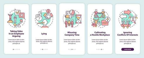 Antiético comportamento onboarding Móvel aplicativo tela. fazendo mau uso companhia Tempo passo a passo 5 passos editável gráfico instruções com linear conceitos. interface do usuário, ux, gui modelado vetor