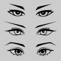 conjunto do 3 fêmea olhos com sobrancelhas dentro animê estilo. vetor