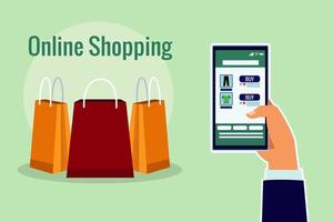 tecnologia de compras online com smartphone e bolsas vetor