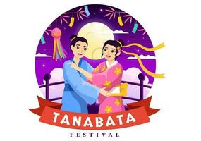 tanabata festival vetor ilustração com pessoas vestindo quimono e peônias flores dentro nacional feriado plano desenho animado mão desenhado modelos