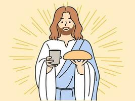 sorridente Jesus Cristo segurando pão e vinho dentro mãos. feliz Deus dentro tradicional roupas dar comunhão. religião e cultura. vetor ilustração.