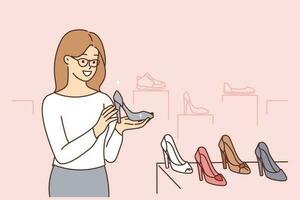 sorridente jovem mulher escolhendo calcanhares dentro boutique. feliz fêmea comprador Veja às chique sapatos dentro fazer compras ou loja. compras e moda. vetor ilustração.