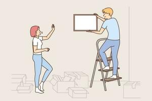 feliz casal suspensão As fotos em paredes decoração casa junto. homem e mulher decorar casa com quadros resolver dentro Novo compartilhado habitação. vetor ilustração.