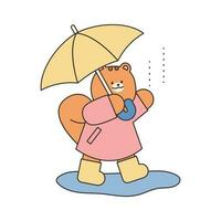 chuvoso dia. uma esquilo dentro uma capa de chuva é caminhando com a guarda-chuva. simples ilustração com contornos. vetor