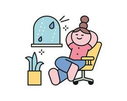 chuva dia. uma menina senta confortavelmente dentro uma cadeira e escuta para a som do chuva. uma fofa e simples ilustração com uma Grosso contorno. vetor