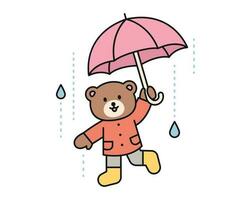 chuva dia. uma Urso com a guarda-chuva é corrida alegremente dentro a chuva. uma fofa e simples ilustração com uma Grosso contorno. vetor