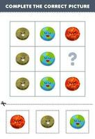 Educação jogos para crianças para escolher e completo a corrigir cenário do uma fofa desenho animado Marte mercúrio ou terra planeta imprimível solar sistema planilha vetor