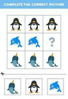Educação jogos para crianças para escolher e completo a corrigir cenário do uma fofa desenho animado narval pinguim ou golfinho imprimível embaixo da agua planilha vetor