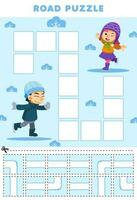 Educação jogos para crianças estrada enigma Socorro Garoto jogando gelo patinação mover para a menina imprimível inverno planilha vetor