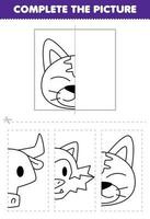 Educação jogos para crianças cortar e completo a cenário do fofa desenho animado gato cabeça metade esboço para coloração imprimível animal planilha vetor