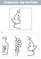 Educação jogos para crianças cortar e completo a cenário do fofa desenho animado frango dentro a ninho metade esboço para coloração imprimível Fazenda planilha vetor