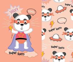 Desenhos animados engraçados do panda, o super-herói, com padrão uniforme vetor