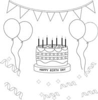 rabisco ou esboço, Preto linha elemento, feliz aniversário bolo com velas, aniversário bandeiras, presentes, fitas, balões para comemoro aniversário vetor