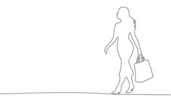 contínuo linha desenhando do beleza mulher, Preto e branco vetor minimalista ilustração do compras conceito