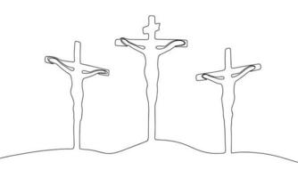 Jesus Cristo crucificado dentro contínuo linha arte desenhando estilo. silhueta do do Jesus de cristo crucificação. Preto linear esboço isolado em branco fundo. vetor ilustração