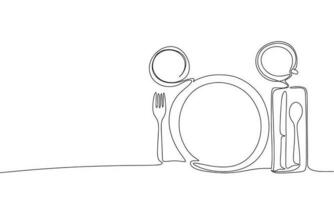contínuo linha desenhando do do talheres colher, garfo, placa, Preto e branco vetor minimalista ilustração do restaurante conceito
