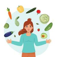 feliz jovem mulher cercado de delicioso e saudável cru legumes e frutas. vegetais, vegetariano, nutrição, saúde conceito. vetor