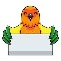 fofa Sol conure papagaio desenho animado segurando em branco placa vetor