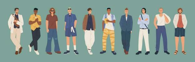 coleção do à moda homens vestido dentro casual e formal na moda roupas. jovem elegante homens dentro plano desenho animado ilustração vetor