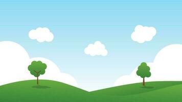 cena dos desenhos animados da paisagem com colinas verdes e nuvem branca no fundo do céu azul de verão vetor