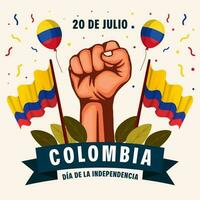 20 de julio Colômbia independência dia ilustração com mãos, balões, colombiano bandeiras vetor