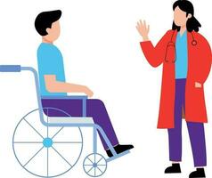 uma fêmea médico é verificação acima em uma Desativado paciente em uma cadeira de rodas. vetor