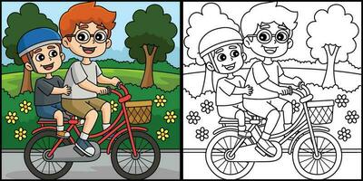 pai e filho equitação uma bicicleta coloração ilustração vetor