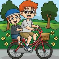 pai e filho equitação uma bicicleta colori desenho animado vetor