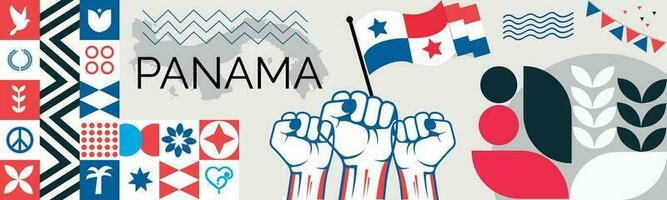 Panamá mapa e elevado punhos. nacional dia ou independência dia Projeto para Panamá celebração. moderno retro Projeto com abstrato ícones. vetor ilustração.