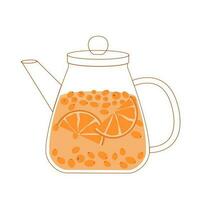 outono chá. mar espinheiro chá com citrino dentro a chaleira. plano ilustração. vetor
