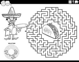 Labirinto com desenho animado chefe de cozinha personagem com taco coloração página vetor