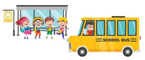 crianças felizes e ônibus escolar vetor