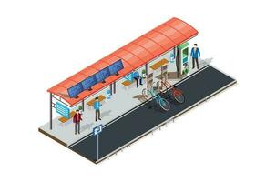 isométrico eco transporte, elétrico veículo cobrando estação com solar painéis, adequado para diagramas, jogos ativo, e de outros de ativos vetor