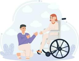 uma homem é falando e reconfortante uma mulher com uma paralisado perna quem é triste ilustração vetor