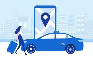 jovem mulher encomenda conectados Táxi carro, renda e partilha usando serviço Móvel inscrição localização mapa. conectados Táxi serviço e transporte tecnologia. vetor