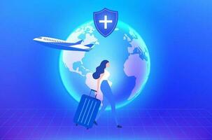 médico turismo -médico seguro conceito, mulher dentro a aeroporto indo para viagem no exterior para médico tratamento , médico turismo vetor ilustração