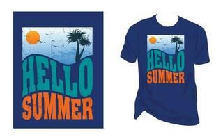 Olá verão vintage t camisa Projeto com Sol mar Palma árvore pássaro, t camisa Projeto para verão estação período de férias feriado vetor