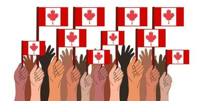povos mãos aguarde a bandeira do Canadá. Canadá dia feriado. multidão. para bandeira ou Projeto. vetor